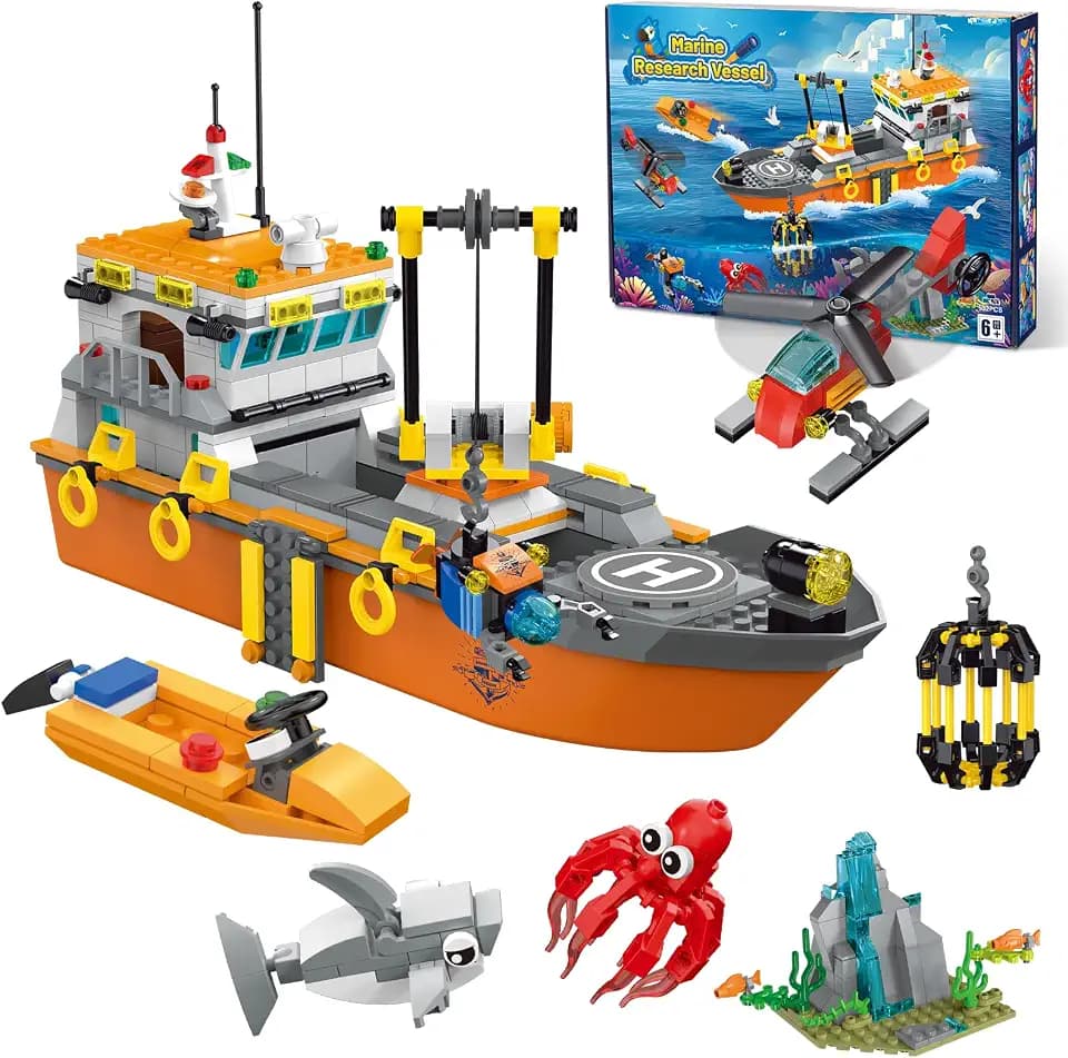 City Ocean Explorer Ship Building Set, Fun Toy Exploration Boat Building Block Kit with LED Lights, Helicopter, Submarine Birthday for Boys Girls Kids 6 8 10+