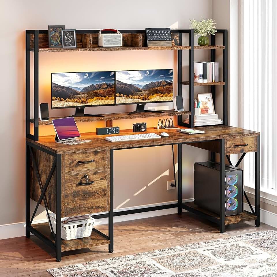 DWVO 59.1" Computer Desk with Hutch, Drawers, Power & LED, Rustic Brown
