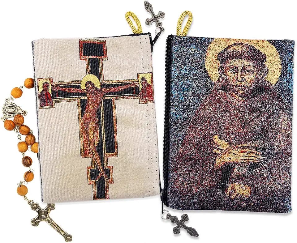 Saint Francis Icon and Saint Damiano Cross Crucifix Rosary Pouch Case 5 3/8 Inch