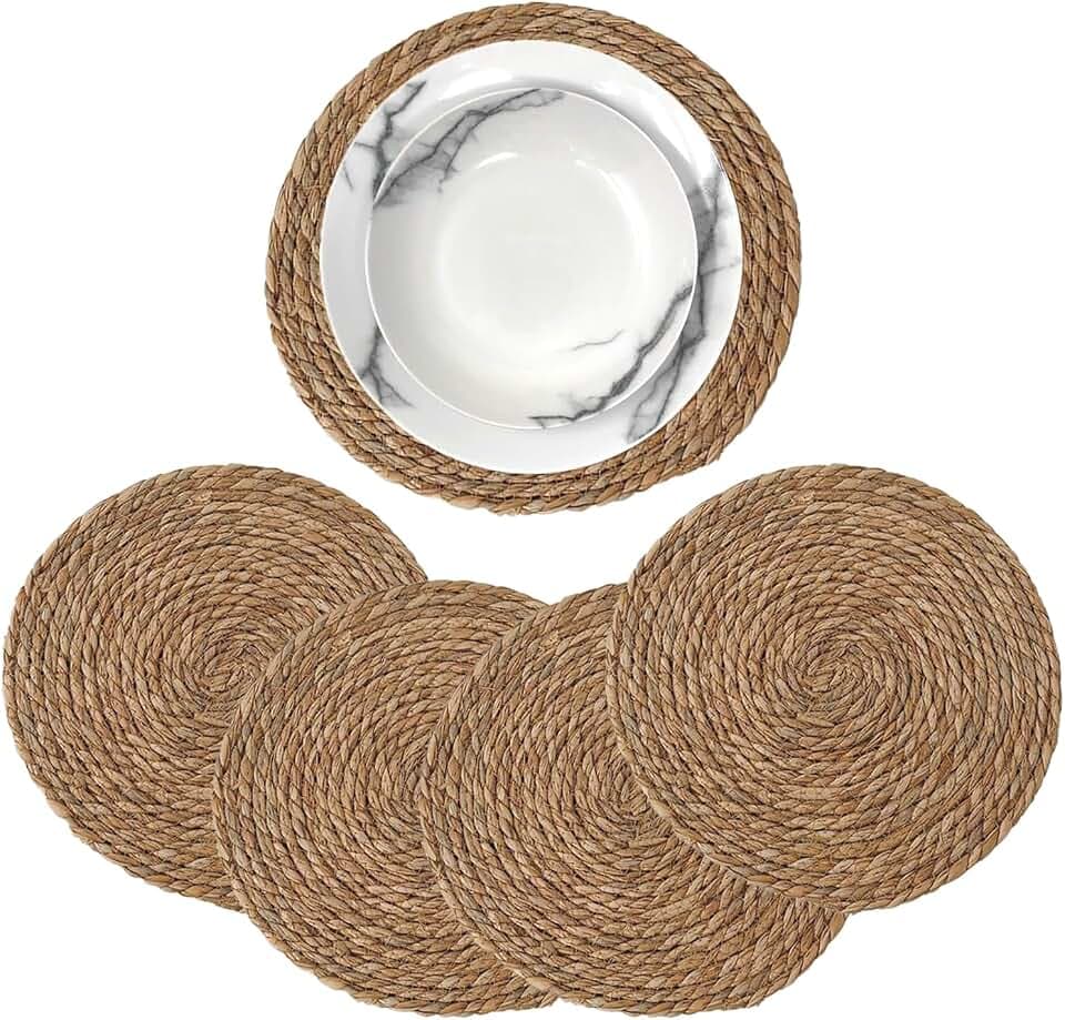 MGE Tischset Rund 30 cm aus Wasserhyazinthe & Seegras, 4er Set - Hitzebeständig, rutschfest & Handgeflochten - Platzsets für Esstisch, Balkon, Terrasse & Dinner