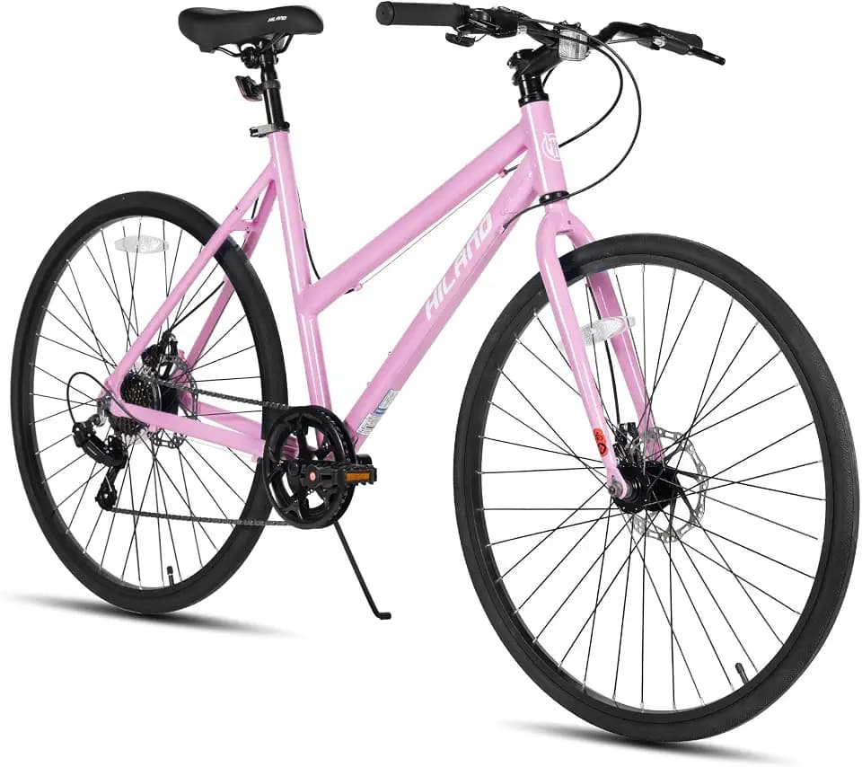 HILAND 700C Hybrid Bike, 7-Speed Urban Commuter Bicycle for Men & Women, Lightweight Aluminum Frame, Dual Disc Brakes, Low-Step Step-Through City Road Bike for Commuting & Fitness
