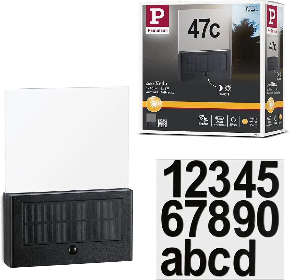 Paulmann 94577 LED Solar Hausnummernleuchte Neda mit Bewegungsmelder IP44 eckig incl. 1x1 W Warmweiß Anthrazit kabellos Kunststoff 3000 K