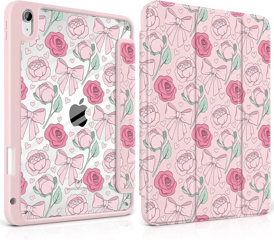 MEEgoodo Case for iPad A16 11th Generation 11 inch 2025/10th Gen 10.9 inch 2022, Cover with Transparent Acrylic Back Shell,Tablet Case with Pencil Holder+Auto Wake/Sleep+ Stand, Pink Peony & Bow