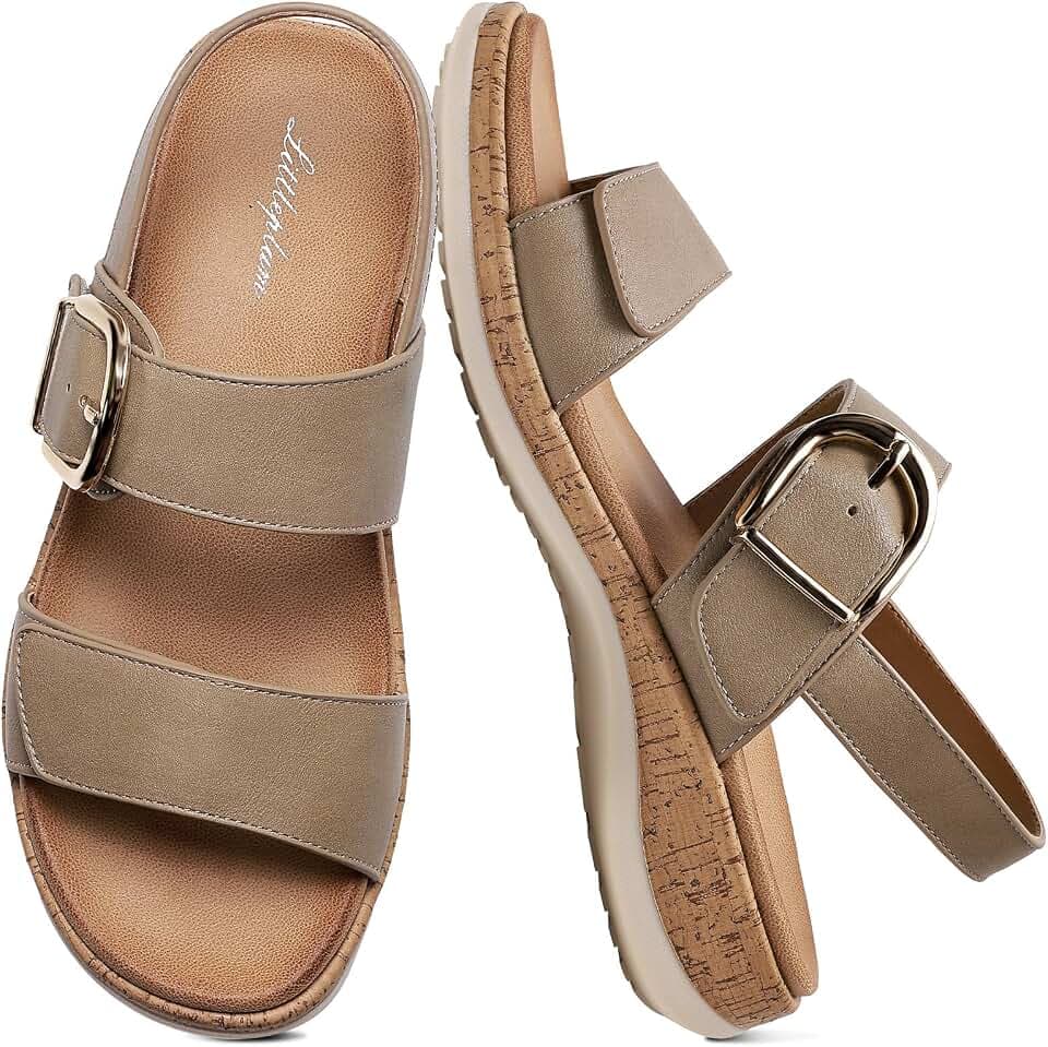 Littleplum Women Sandals with Decorative Gold‑Tone Buckle, Arch Support – Comfortable Flat Sandals, Summer Breathable Adjustable Orthotic Walking Shoes for Beach, Travel Khaki Size 7