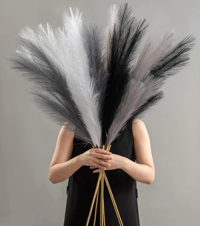 8 Pcs 45" Pampas Grass Tall Faux Dried Decor, Fluffy Fake Long Pompas Artificial Black White Grey Gray Pompous Stems Bouquet Flower Arrangement Vase Filler for Boho Home Wedding Decoration