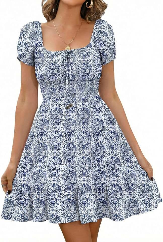Livonmone Damen Kleid Lässig Sommerkleid Blumendruck Hohe Taille Kleider Puff Ärmel Retro Sexy Casual Tunika Beach Minikleid