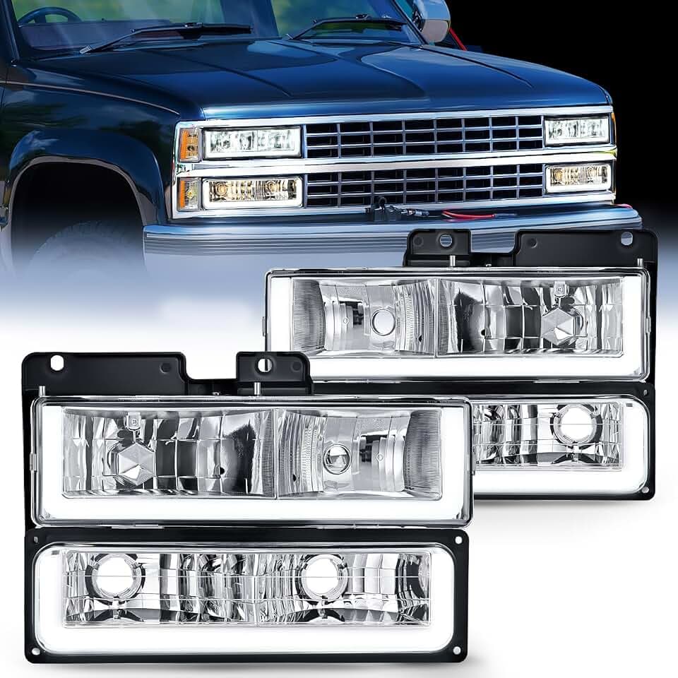 Nilight DRL Headlight Assembly Compatible with 1988 1989 1990 1991 1992 1993 1994 1995 1996 1997 1998 Chevrolet GMC C10 C/K 1988-1999 Silverado Suburban Sierra Blazer Tahoe Yukon Chrome Housing