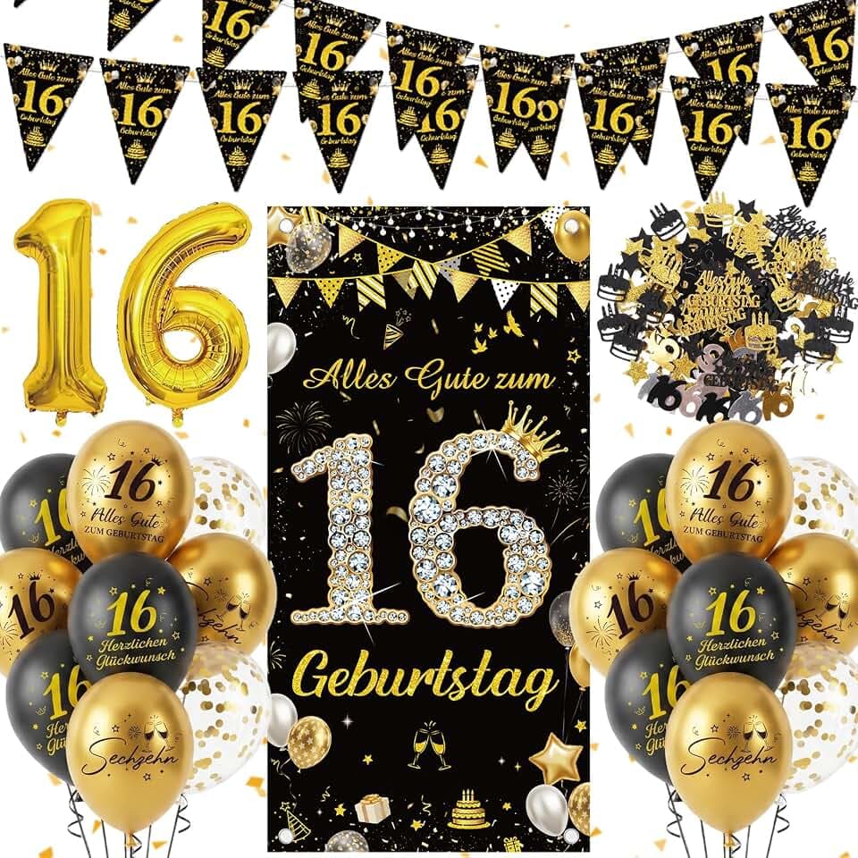 Afritee Deko 16 Geburtstag Junge Mädchen, 29 Stück Alles Gute Zum 16. Geburtstag Lange Banner 16 Luftballons Konfetti Wimpelkette, Schwarz Gold Geburtstagsparty Deko Junge Männer