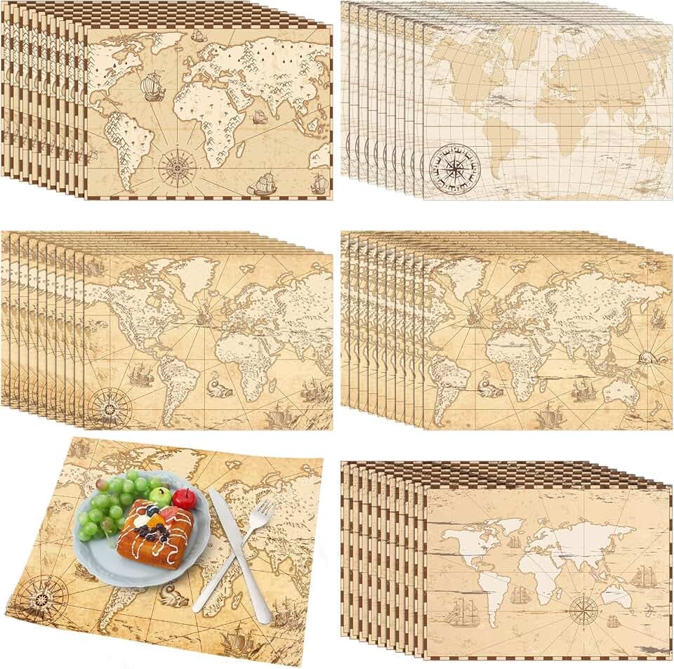 Eaasty Einweg-Tischsets aus Papier, Weltkarte, Vintage-Stil, Retro-Stil, dekorativ, Reiseabenteuer, Tischmatte für Geographie, Lernen, Bildung, Reisende, Thema, Basteln, 34 x 24 cm, 50 Stück