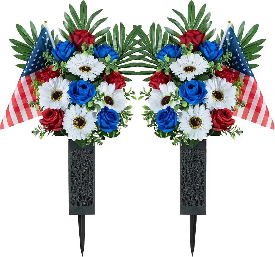 Memorial Day Flowers for Cemetery, Red White and Blue, 2 Pcs
