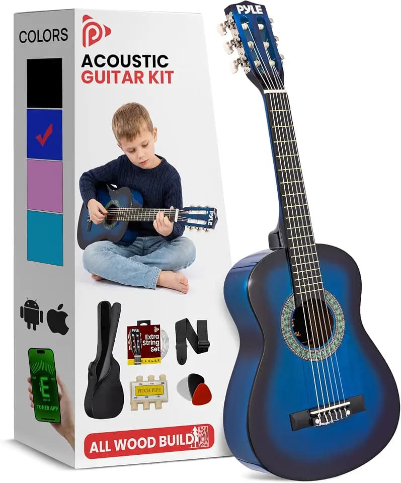 Pyle 30-Inch Beginner Acoustic Guitar Kit, 6-String Classical Style Travel Guitar for Kids & Adults - Includes Shoulder Strap, Strings, Picks, Tuning Pitch Pipe & Storage Gig Bag, Handcrafted Wood