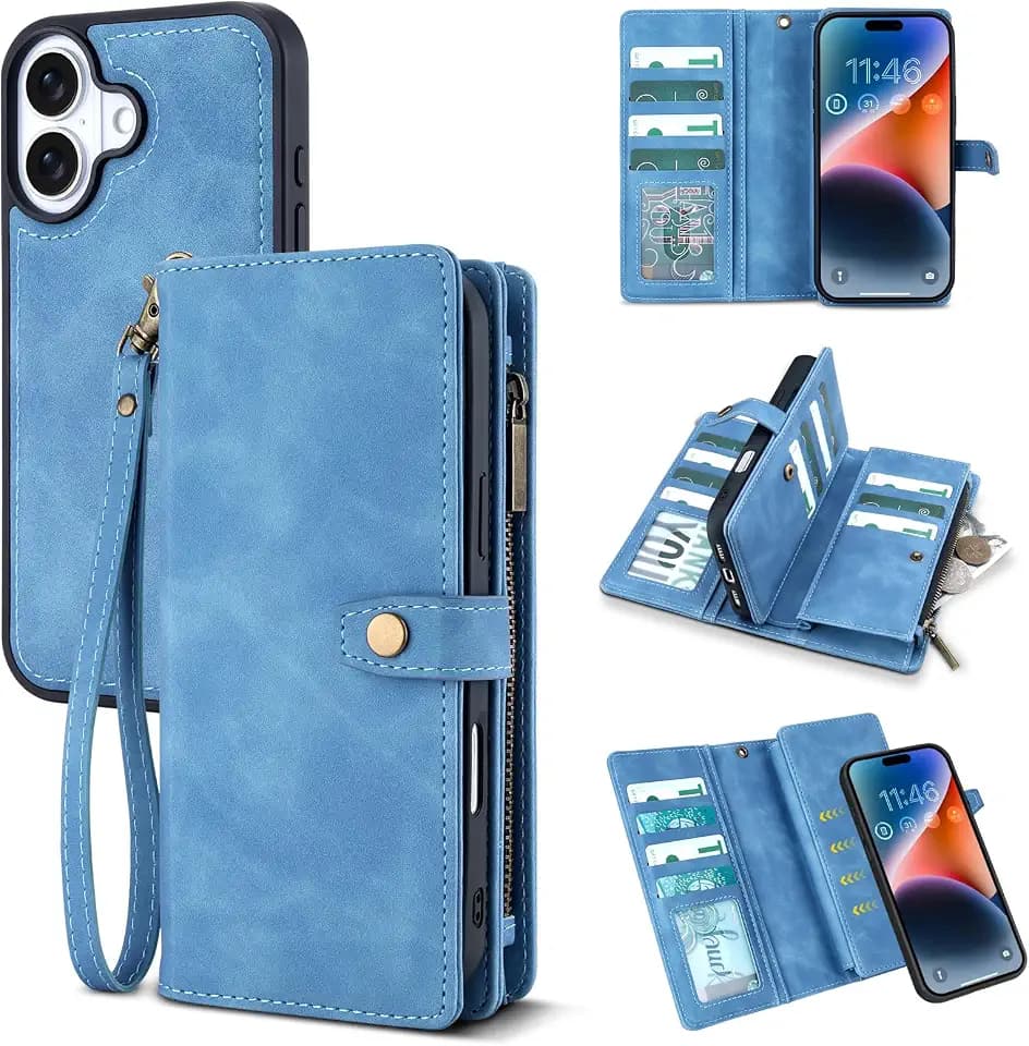 TwoHead Wallet Case for iPhone 17,with 11 Card Holders,Sky Blue