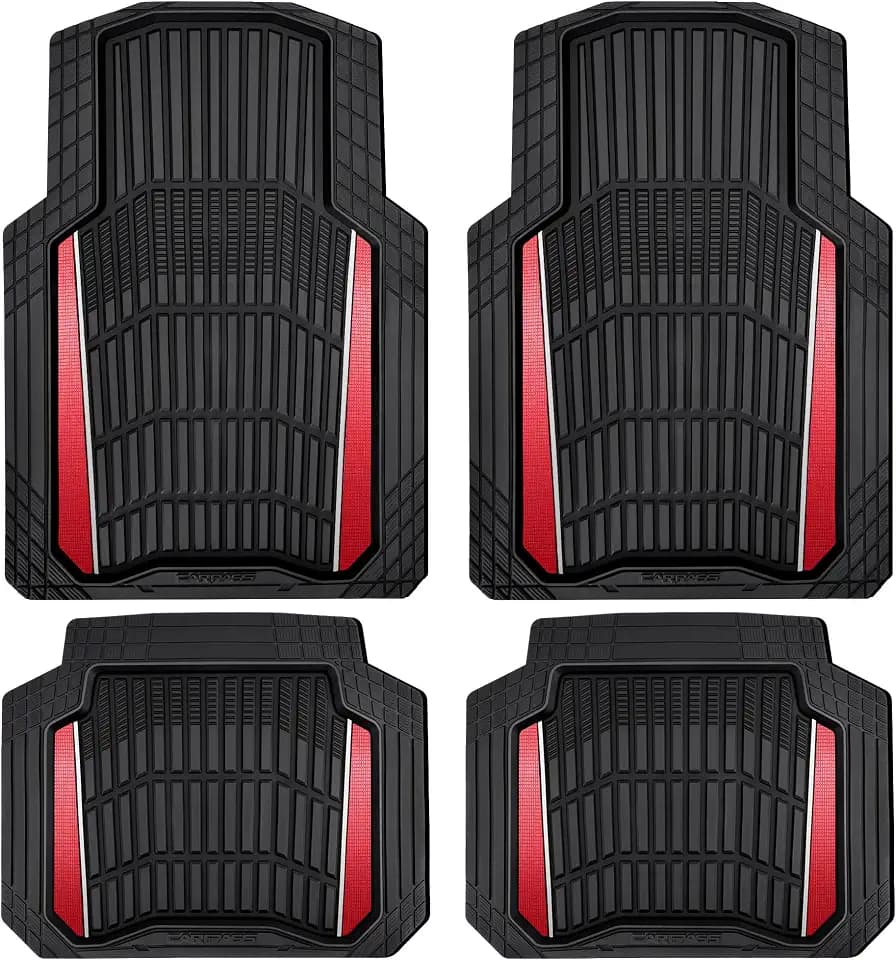 CAR PASS Heavy Duty Rubber Car Floor Mats, Deep Waterproof Car Floor Mats All Weather, Aluminum Film Floor Mats for Cars Non-Slip Universal Trim to Fit for SUVs Trucks Sedans Vans, Black Red Metallic