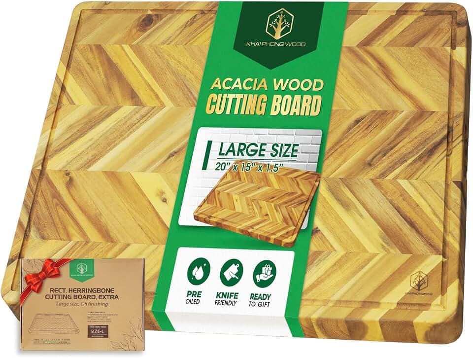 Herringbone Acacia Wood Cutting Boards for Kitchen, 1.5 in Thick Butcher Block Construction for Stability, 20 x 15 in Large Cutting Boards with Gift Box, Juice Groove and Handle