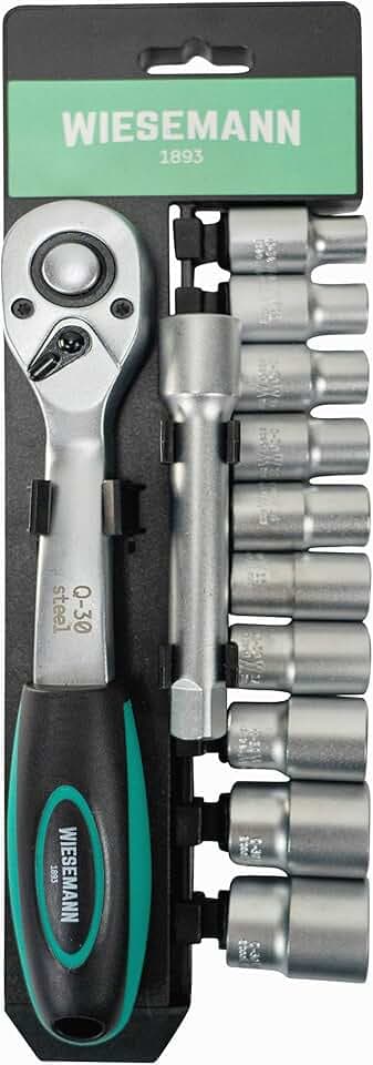 WIESEMANN 1893 Steckschlüsselsatz 12tlg mit 1/2" Knarre, 10mm - 24mm Sechskant Bit Einsätze und Verlängerung 125mm aus Chrom-Vanadium Stahl mit Halter I 80065