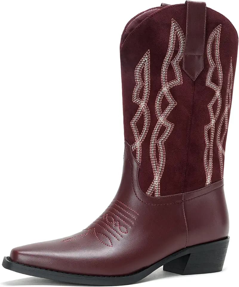 Cozivwaiy Women’s Cowboy Boots Western Mid Calf Embroidery Patchwork Suede Cowgirl Boot Block Low Heel Country Concert Boots for Women
