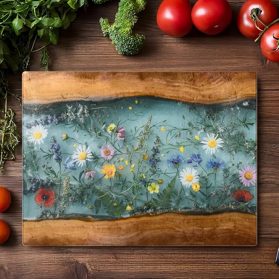 Maple Wildflower Glass Cutting Board 11x15 Inch Large Tempered for Kitchen