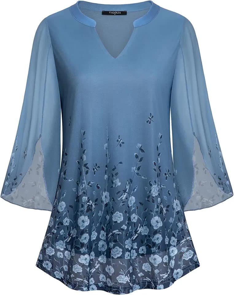 VALOLIA Women's 3/4 Sleeve Floral Tunic Tops V Neck Double Layers Loose Fit Mesh Blouses Shirt