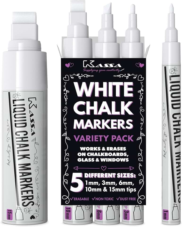 Kassa Chalk Markers - 5 Pack, White, 1mm/3mm/6mm/10mm/15mm Tips - Erasable Liquid Chalk Pens for Chalkboard, Glass & Windows - Dust-Free, Washable FM-460