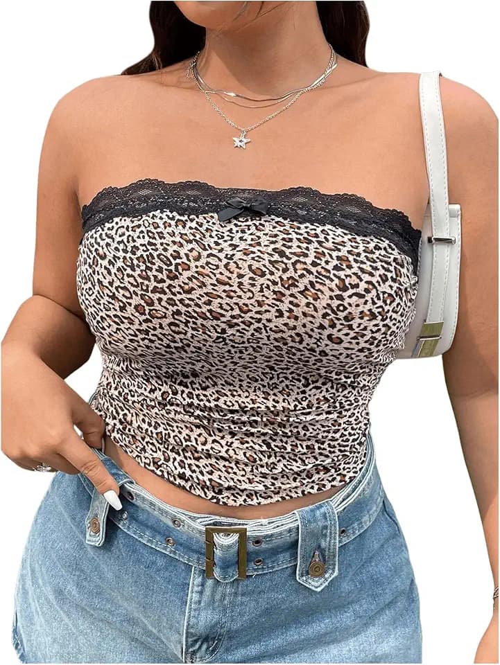 WDIRARA Women's Plus Size Leopard Print Bandeau Lace Neck Crop Tube Tops Sleeveless Sexy Top