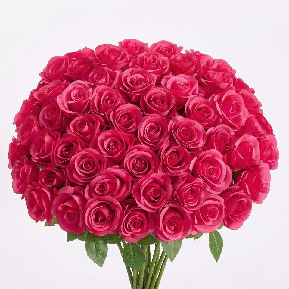 55 Pcs Hot Pink Roses Artificial Flowers Bulk, Artificial Roses Fake Flowers with Adjustable Stems, Soft Foam Roses for DIY Wedding Bouquets, Bridal Shower Centerpieces, Home Party Decor