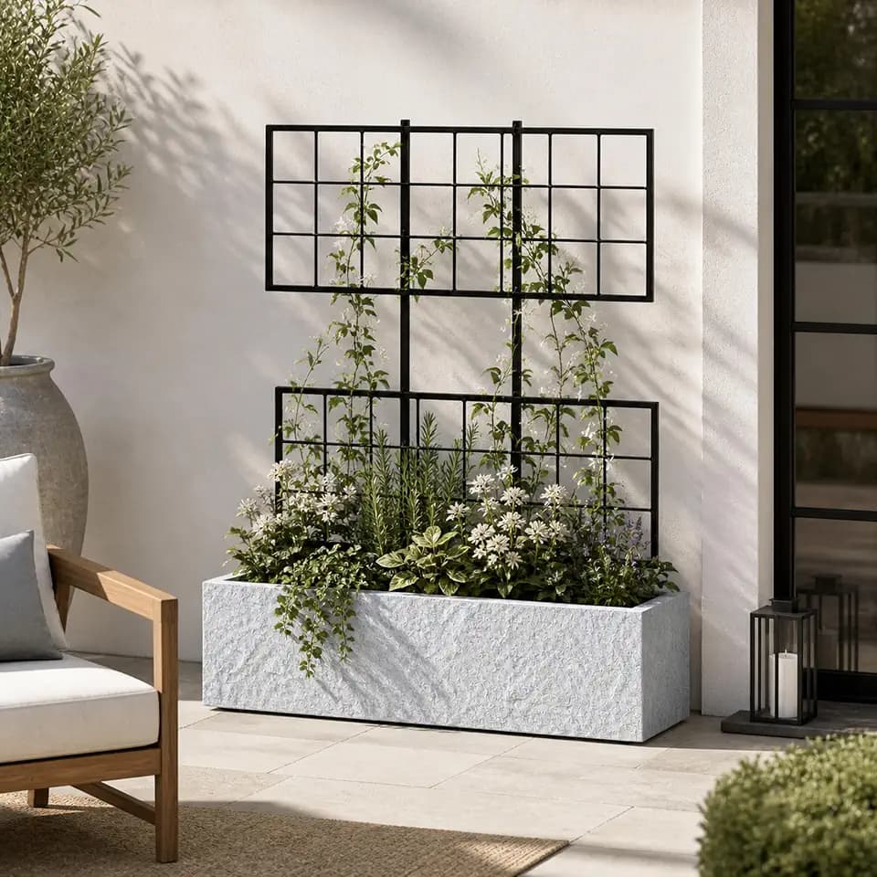 Rock Texture Rectangular Polystone Planter with Steel Trellis, Gray