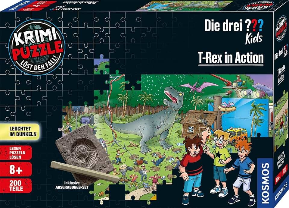 Die drei ??? Kids - Krimi Puzzle - T-Rex in Action von KOSMOS 680657, 200 Teile, Leuchtet im Dunkeln, Lesen, Puzzeln, Rätsel lösen, Detektiv Puzzle für Kinder ab 8 Jahre, Silver