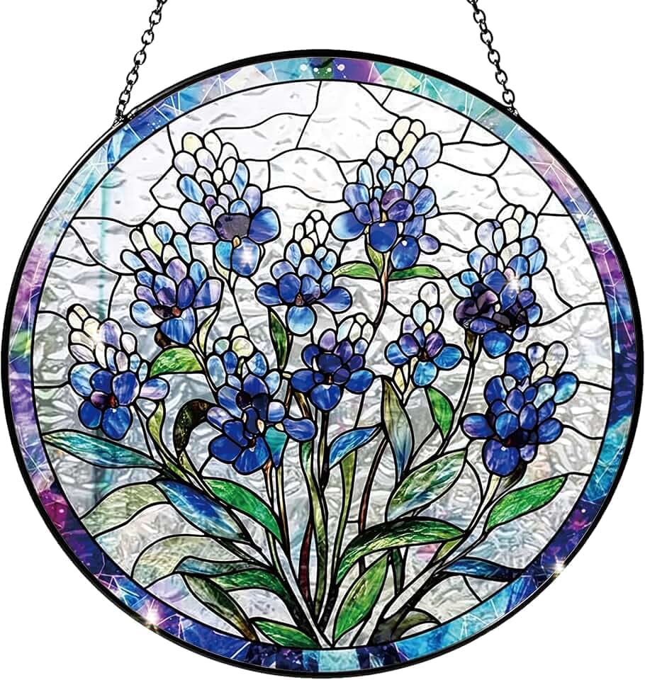 Texas Bluebonnet Stained Glass Window Hanging Suncatcher 7.8 Inch