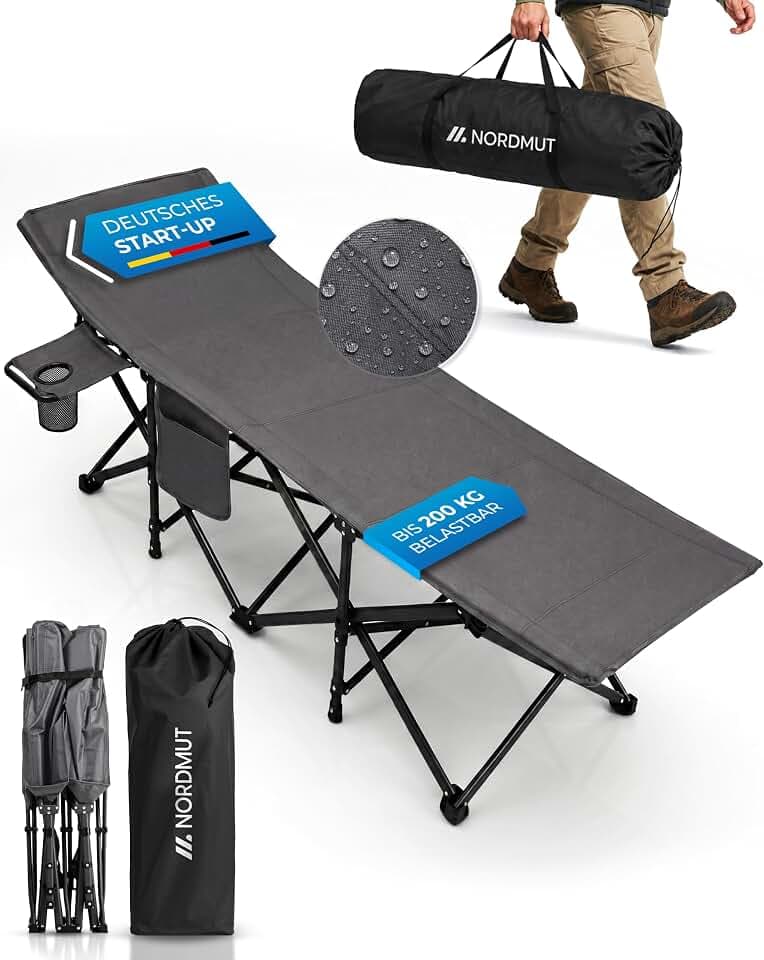 NORDMUT® Feldbett klappbar mit komfortabler Matratze - stabiles Campingbett bis 200 kg belastbar - Premium Gästebett faltbar für Camping, Garten & Gäste (Aschgrau, ohne Auflage)