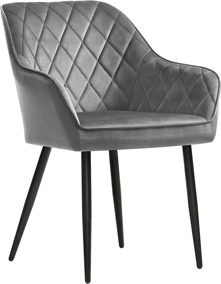 SONGMICS Esszimmerstuhl, Sessel, Loungesessel, mit Armlehne, Bezug aus Samt, Metallbeine, bis 110 kg belastbar, für Esszimmer, Küche, Wohnzimmer, Schlafzimmer, hellgrau LDC088G03