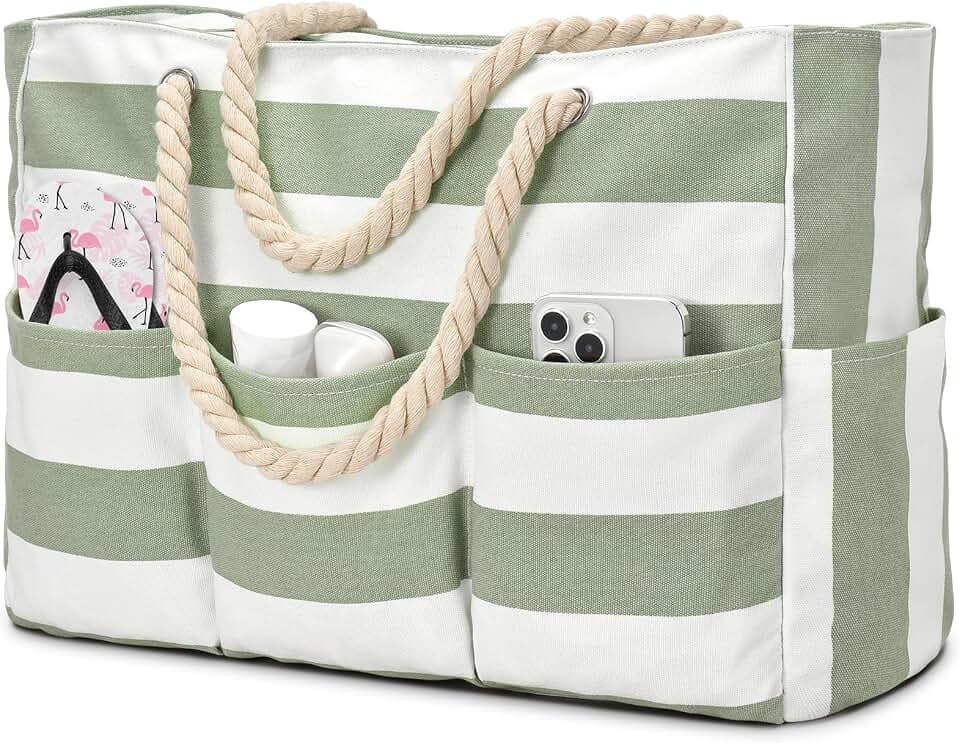 Becokan Beach Bags for Women Canvas Large Beach Tote Bag Zipper Waterproof Sandproof Foldable Swim Pool Bag with 7 Pockets
