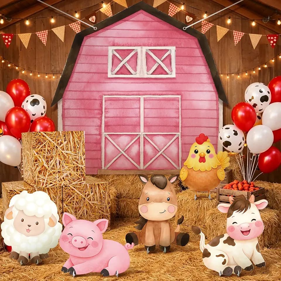10 Pcs Large Farm Animal Backdrop Party Decorations Pink Barn Photo Backgrounds with Farm Animal Stand Ups Straw Boxes for Girls Boys Birthday Photography Baby Shower Party Decor