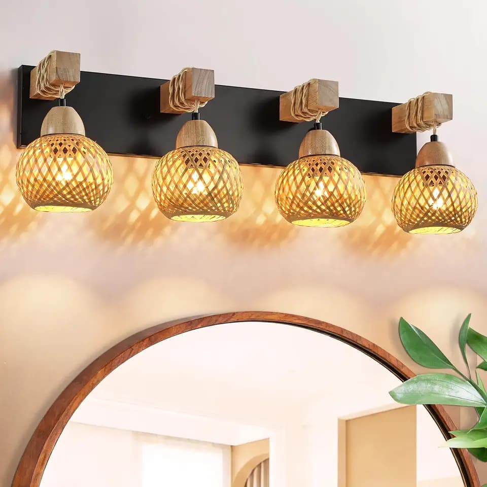 LmnLvn 4-Light Bathroom Vanity Light, Boho Farmhouse Handmade Bamboo Shade