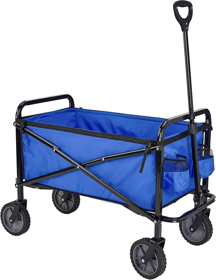 Amazon Basics Zusammenklappbarer Bollerwagen für den Garten, faltbar, mit Abdeckung, für den Außenbereich, Blau