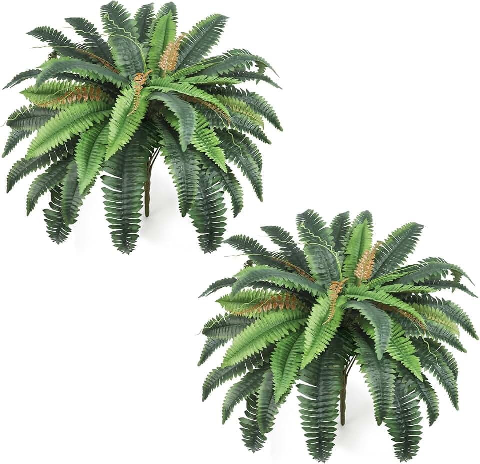 34" Fake Ferns, Set of 2 Artificial Ferns for Outdoors Large, Artificial Boston Ferns with 42 Fronds for Garden Porch Home Spring Decor
