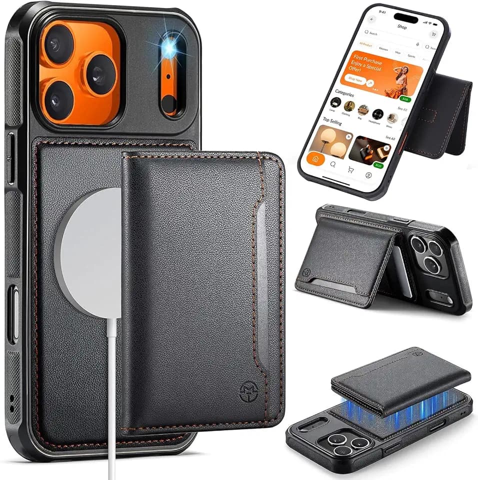 for iPhone 18 Pro Max/17 Pro Max Wallet Case with 6 Card Slots, Magnetic Case with Card Holder PU Leather RFID Blocking, Compatible with MagSafe & Wireless Charging, Car Mount Friendly Black