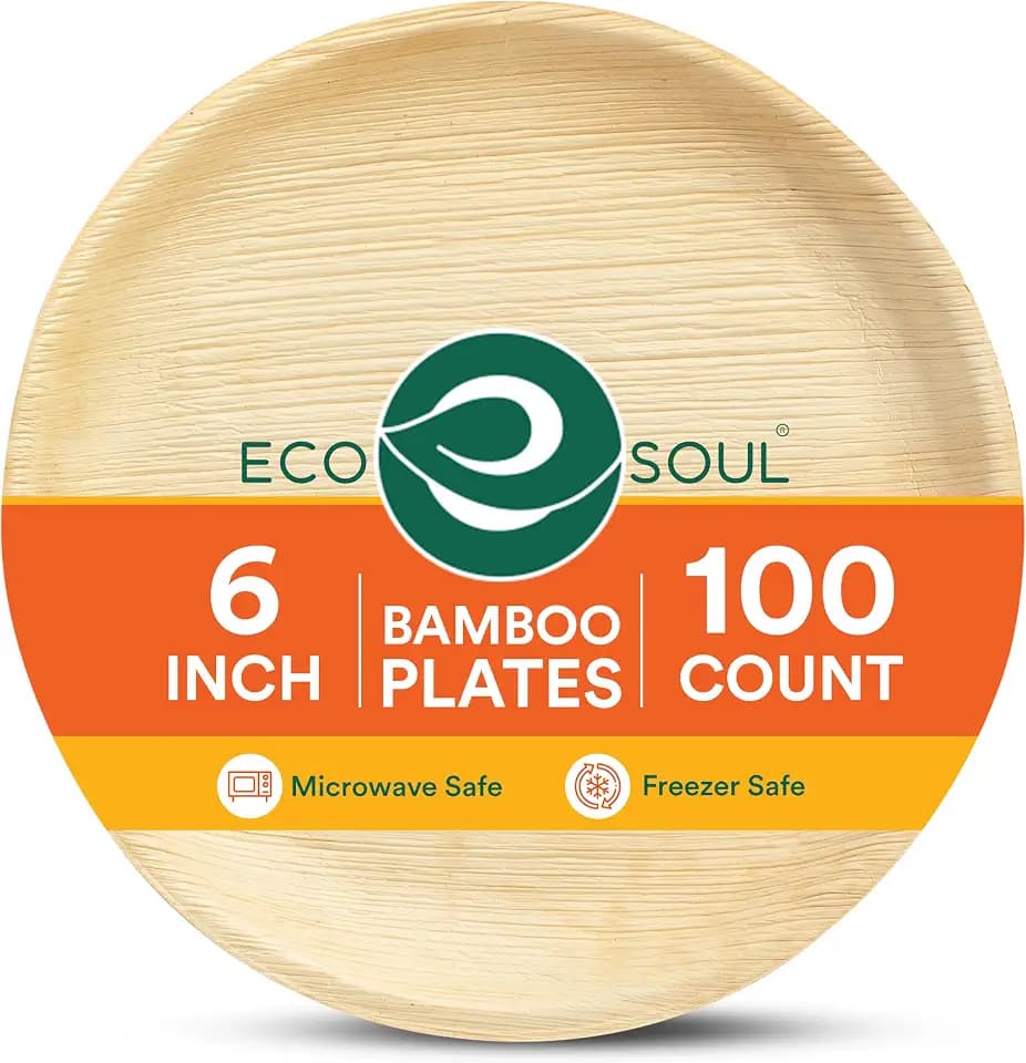 ECO SOUL 6 Inch Disposable Bamboo Plates (100 Pack, Round)