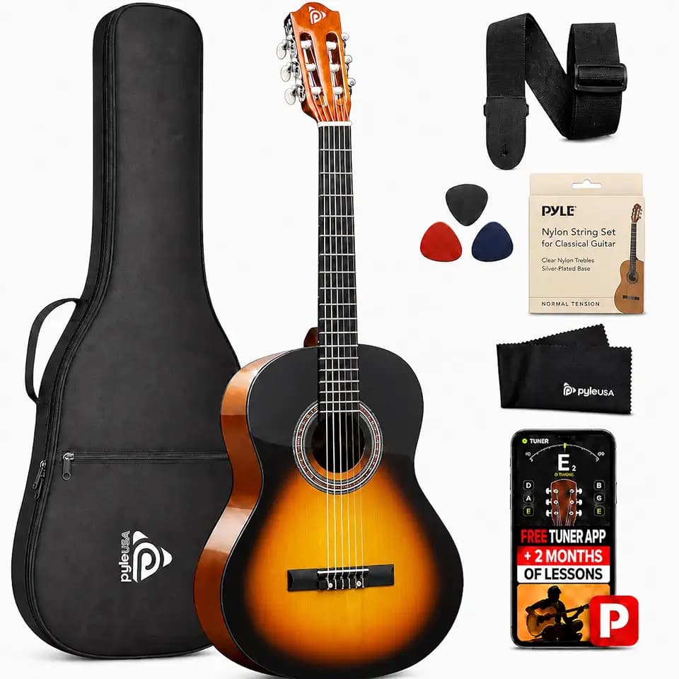 Pyle Beginner Acoustic Guitar Kit, 1/2 Junior Size All Wood Instrument with Full Accessory Kit, Picks, Shoulder Strap, Carry Case, Cleaning Cloth, Tuner App, 2 Month Lessons, 34”