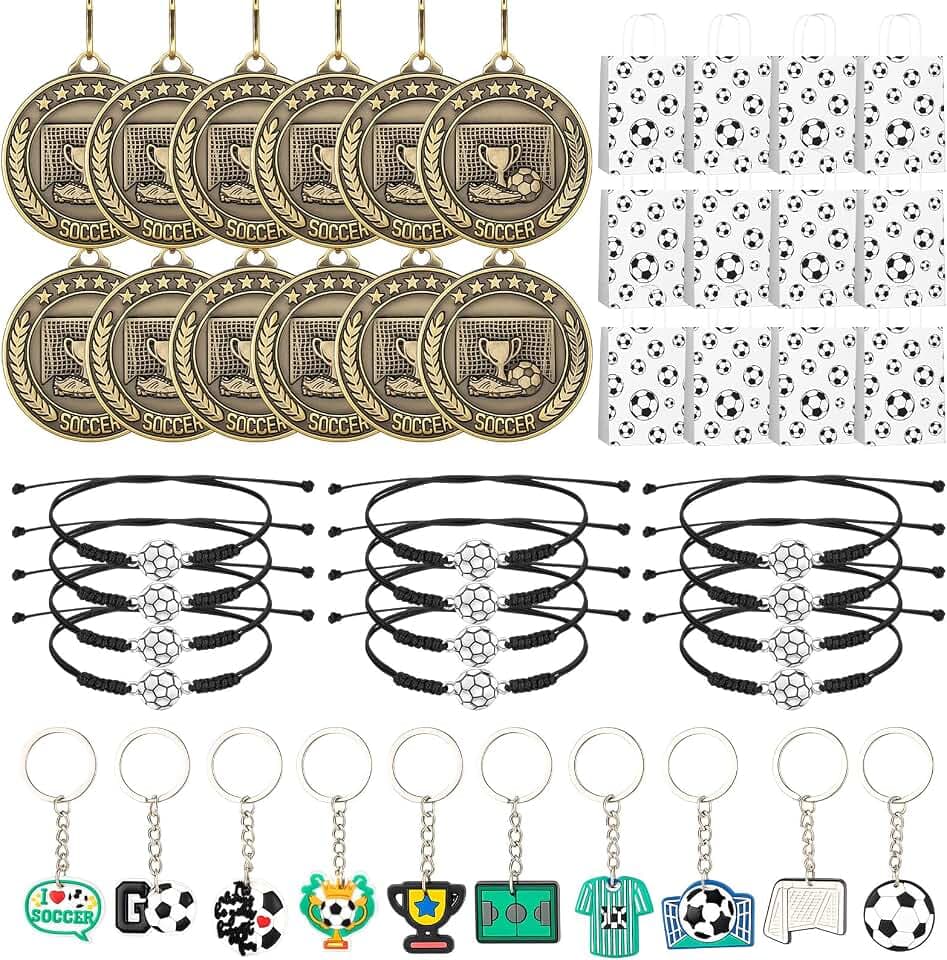 Liliaafar 12 Set Soccer Party Favors Award Medal Bracelets Keychain Bag
