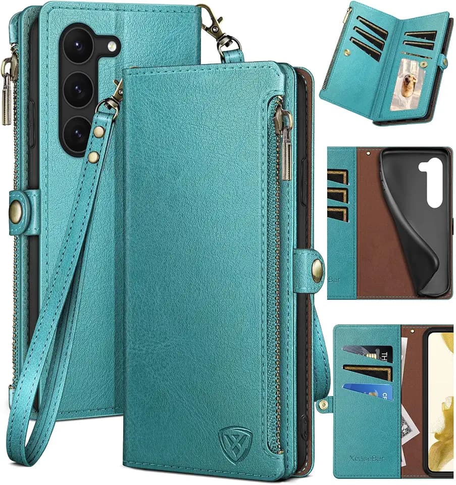 XcaseBar for Samsung Galaxy S23 Plus Wallet case with Zipper 【RFID Blocking】 Credit Card Holder, Flip Folio Book PU Leather Phone case Shockproof Cover Women Men for Samsung S23Plus case Blue Green