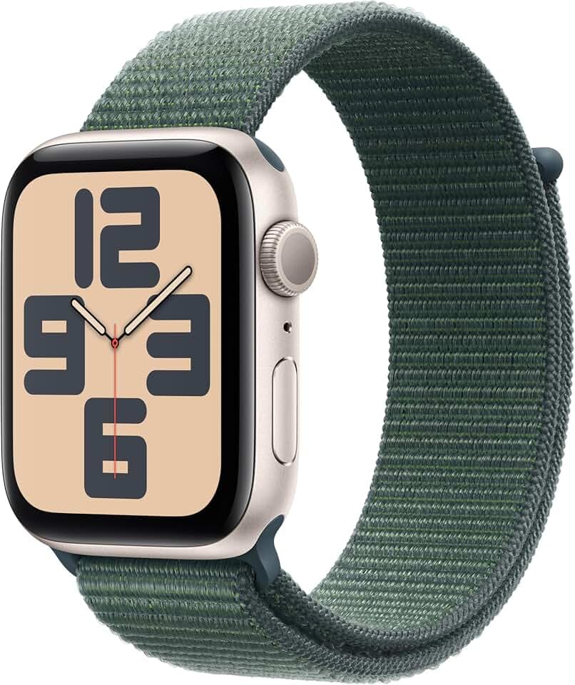 Apple Watch SE (2. Generation) GPS 44 mm Smartwatch mit Aluminiumgehäuse in Polarstern und Sport Loop in Seegrün (One Size). Fitness und Schlaftracker, Unfallerkennung, Retina Display, CO₂ neutral