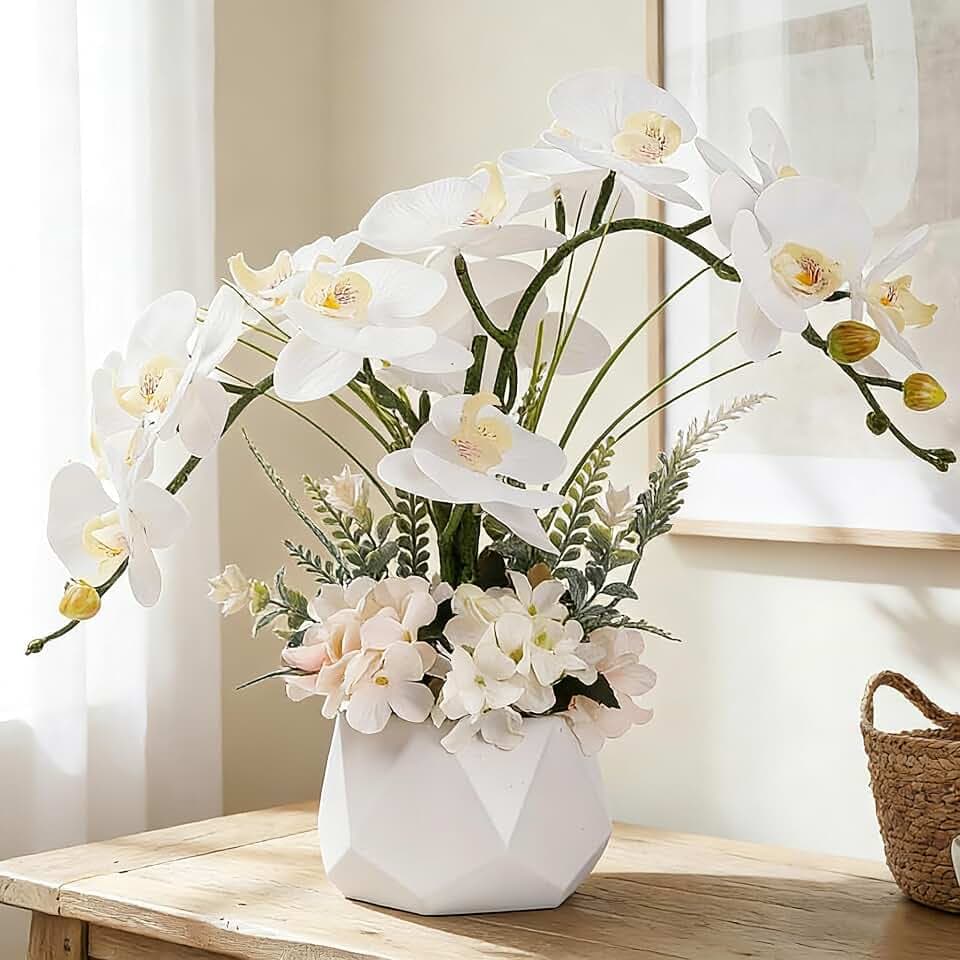 LESING Künstliche Blumen Ochiden Pflanzen Gefälschte Orchidee im Topf Künstliche Blumen mit Vase Orquidea Faux Orchidee für Zuhause Innendekoration (Stil 2, weiße Vase)