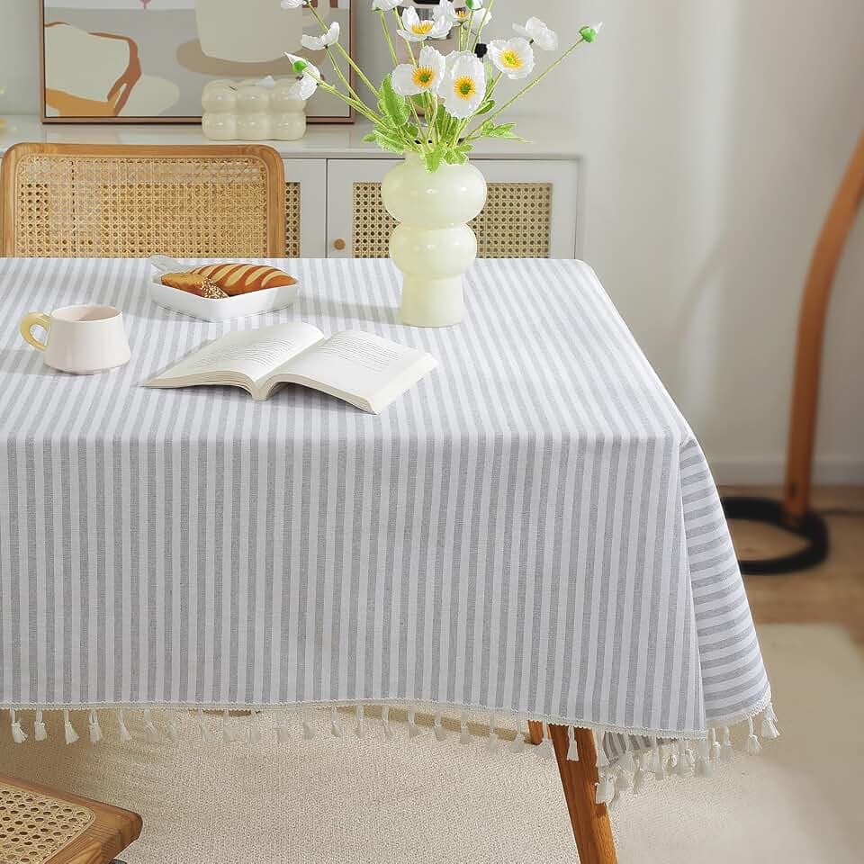 meioro Gestreifte Tischdecke Rechteckige Tischtuch mit Quasten, Abwaschbare Tischdecken Dekorative Tischwäsche für Küche, Esszimmer und Tabletop (Grau/Weiße Streifen,130x180cm)