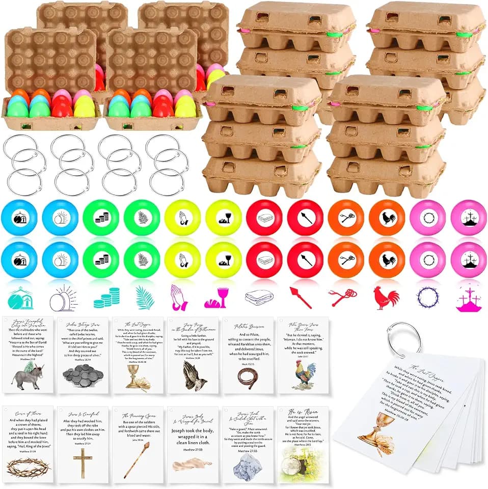 Chiisong 12 Sets Christian Easter Gifts for Kids Include 144 Resurrection Easter Eggs Stamps Self Ink, 144 Religious Story Cards for Resurrection Party Favors Egg Hunts Basket Stuffers