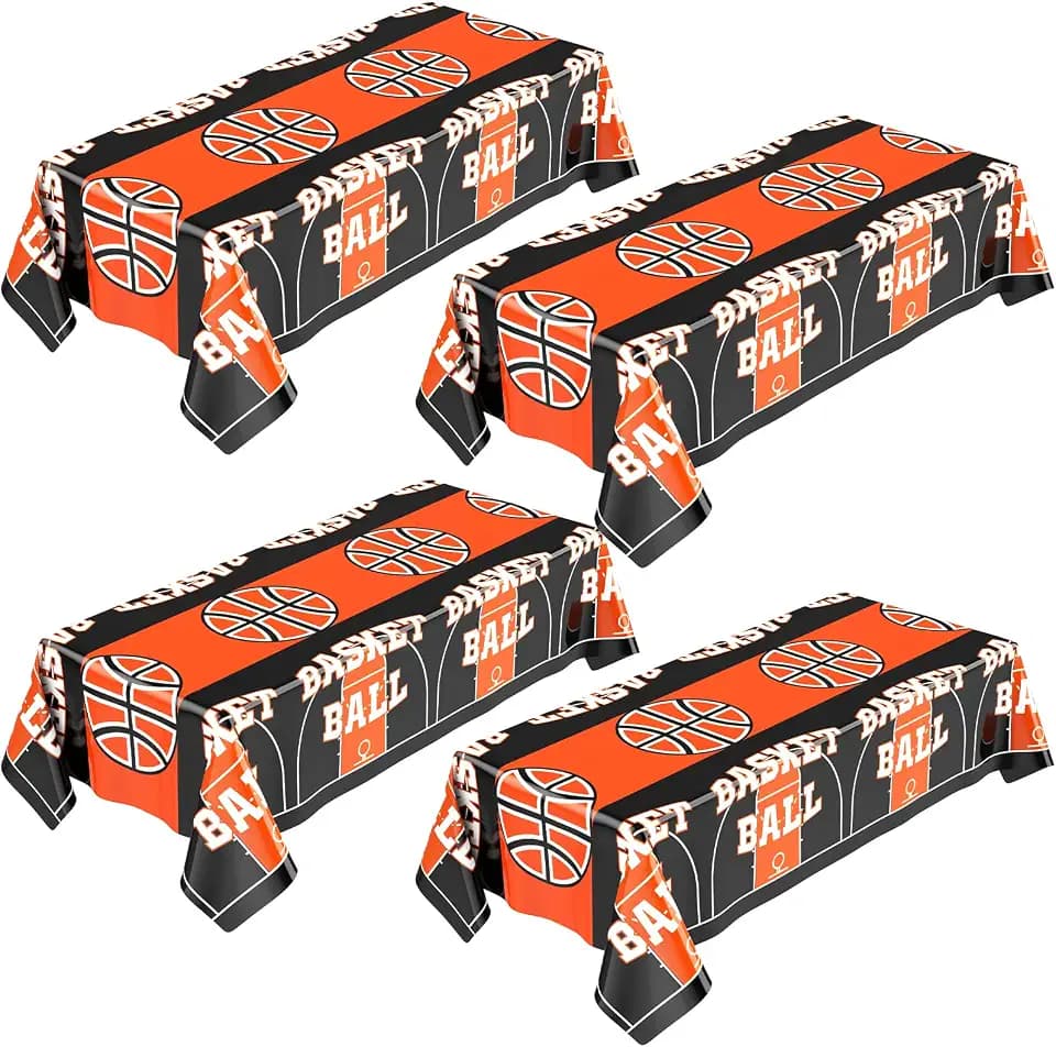 Oudain 4 Packs Basketball Party Decorations Supplies Basketball Tablecloth, 54" x 108" Disposable Plastic Rectangular Table Covers for Basketball Themed Birthday Party Sports Game Decoration