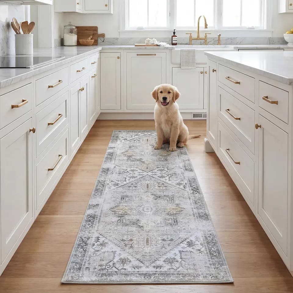 SAFAVIEH Washable Rug Tucson Collection - 2'6' x 22' Runner, Beige & Grey, Slip Resistant & Easy to Clean, Ideal for Living Room, Hallway, Foyer, Entryway, Bedroom (TSN102B)
