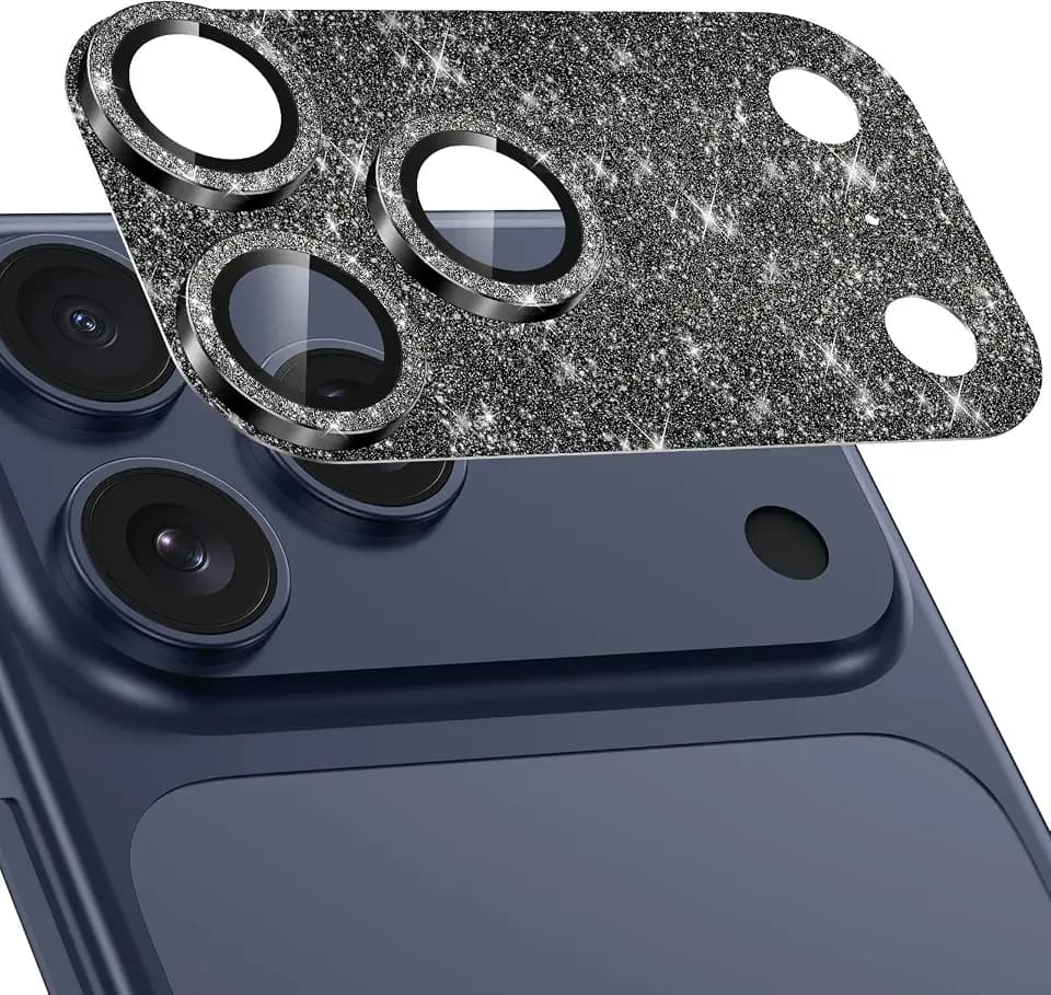 Casetego for iPhone 17 Pro Max Camera Lens Protector,[Upgraded Glitter Design],[Strong Adhesion],Completely Shiny 9H Tempered Glass Lens with Metal Accessories Camera Protection for Women,Shiny Black