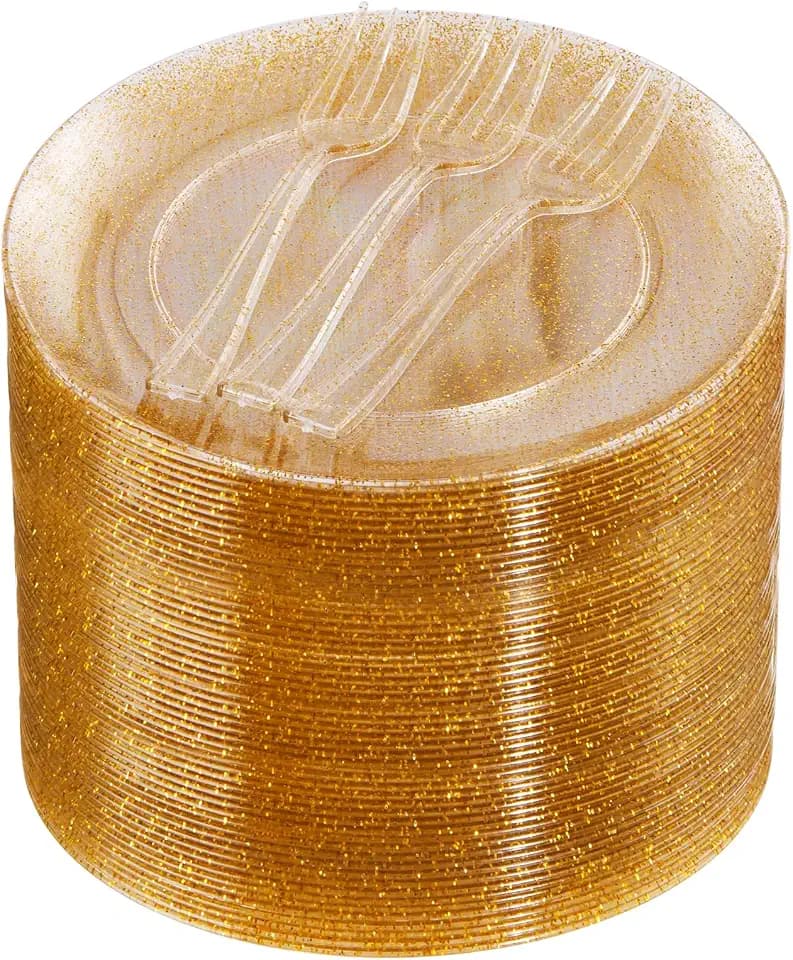 Festiva 200Pcs Gold Glitter Dessert Plates 6.3" with Forks 5"-Small Plastic Dessert/Cake/Appetizer Plates Disposable for 100 Guests Fall Party &Wedding& Birthday&Thanksgiving