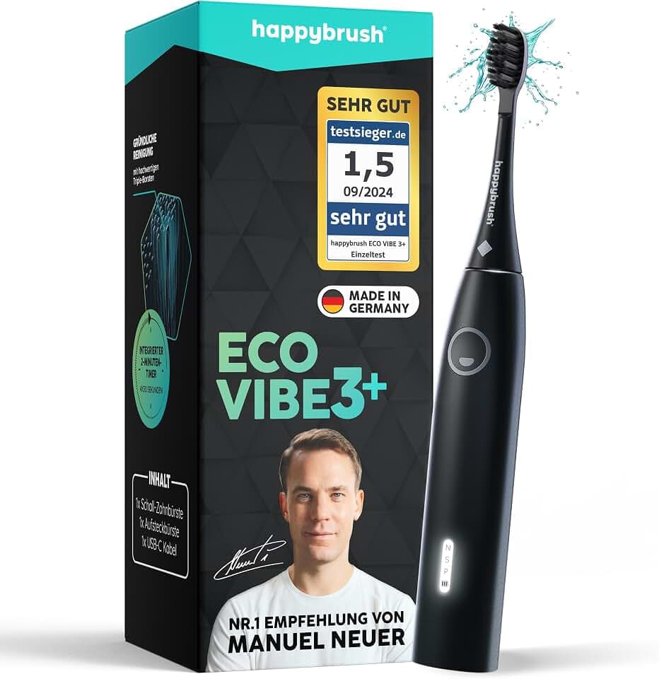 happybrush Eco Vibe 3+ Schallzahnbürste Made in Germany – Testsieger* – Elektrische Zahnbürste mit 8 Wochen Akku – 100% recyceltes Gehäuse** – AllBlack