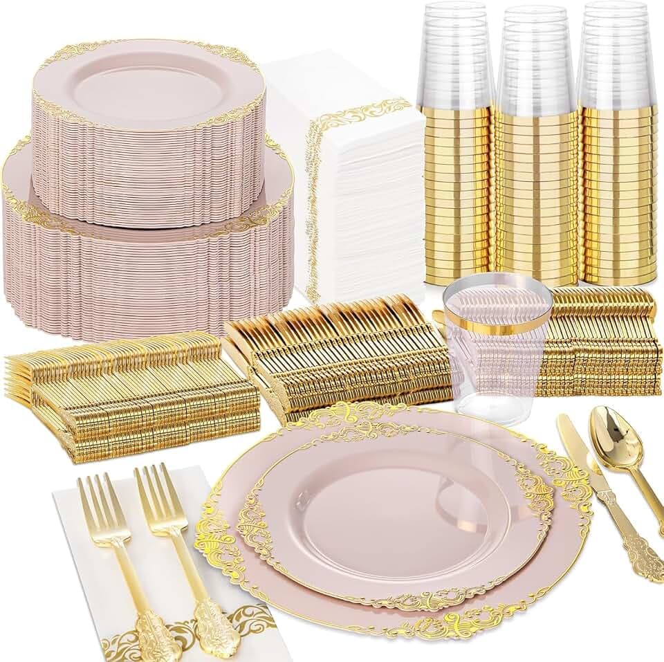 Nervure 350Pcs Pink Plastic Plates, Plastic Dinnerware Set for 50 Guests